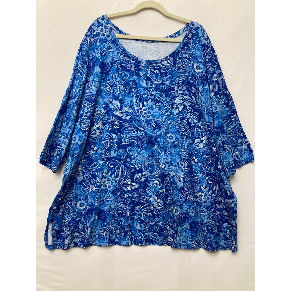 Catherines Tunic Size 3X Blue White Floral Paisley 3/4 Sleeve Casual Preppy